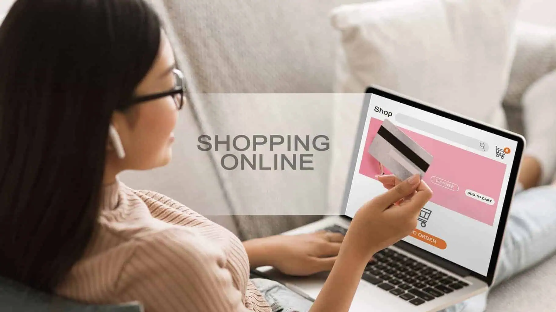 Asian Girl Doing Online Shopping Using Laptop At Hjem, Collage