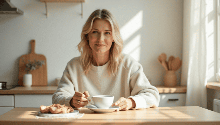 Kvinne smiler mens hun drikker te og spiser kake i et lyst kjøkken.