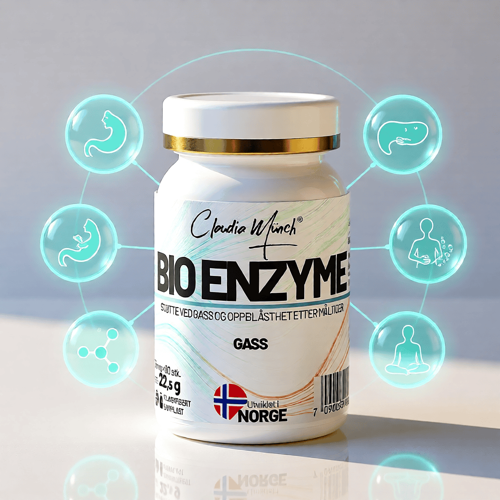 Bio Enzym kosttilskudd for ford&oslash;yelse og helse, av Claudia M&uuml;nch, i hvit krukke med gullkant.