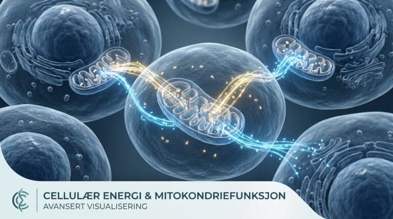 Illustrasjon av celler med mitokondrier og energiproduksjon.