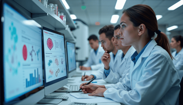 Forskere i laboratoriet studerer data om Crohns sykdom og ernæring.