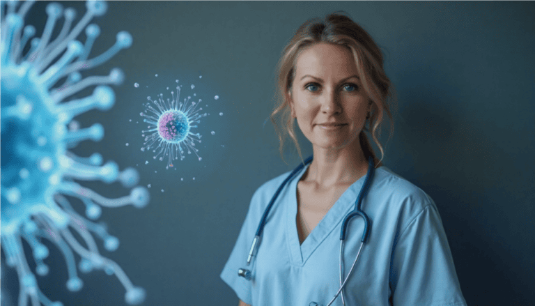 Liposomal teknologi illustrasjon med medisinsk ekspert og viruspartikler.