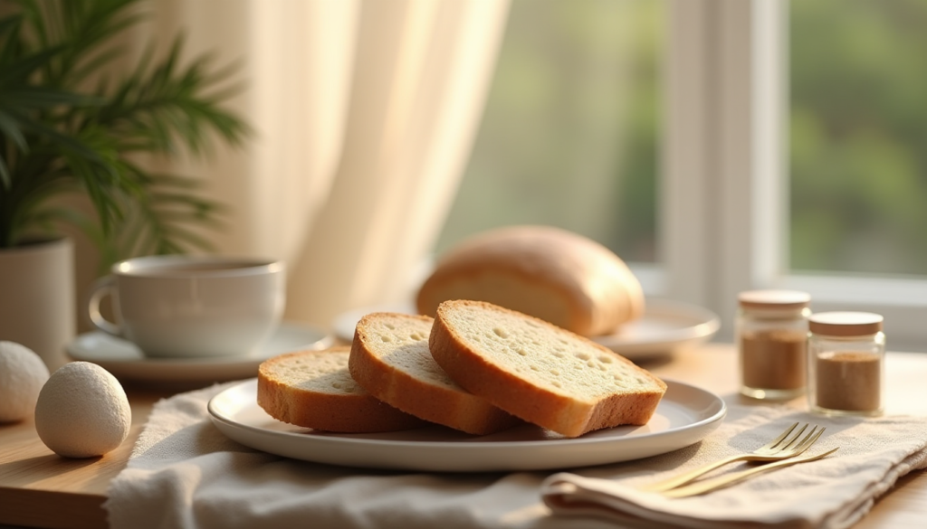 Nærbilde av skiver av ferskt brød på et frokostbord med te og krydder.