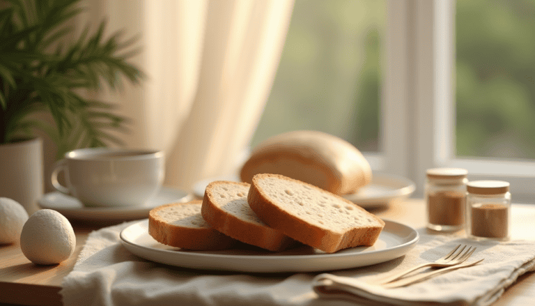 Nærbilde av skiver av ferskt brød på et frokostbord med te og krydder.