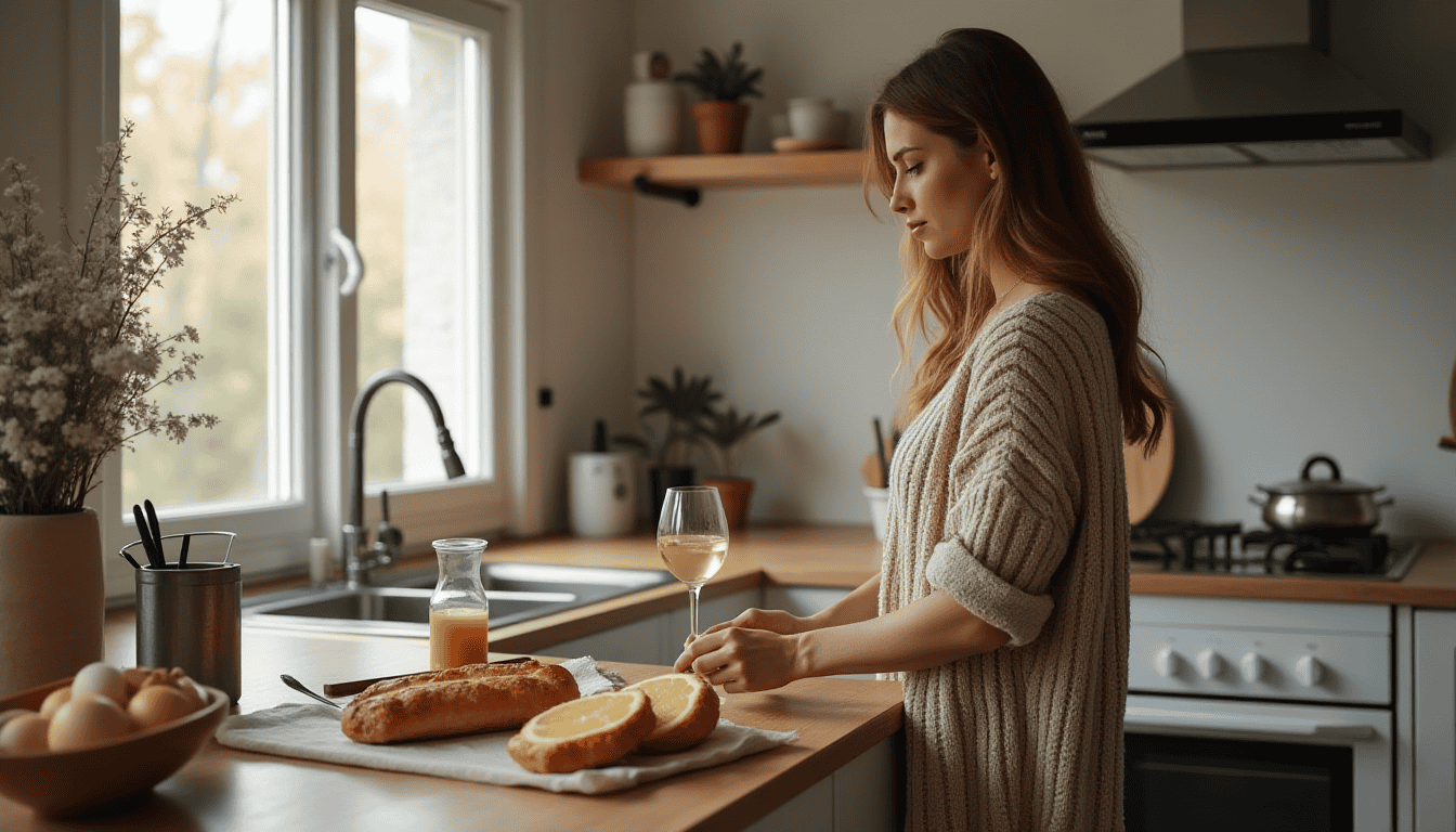 Kvinne i koselig kjøkkenmiljø med frokost, brød og vin, fokus på livsstil og velvære.