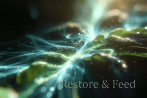 Digital art of energy flow with glowing particles and vibrant colors, symbolizing healing and renewa.