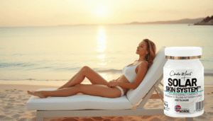 Kvinne nyter solskinn på stranden med solkrem og solsystem.