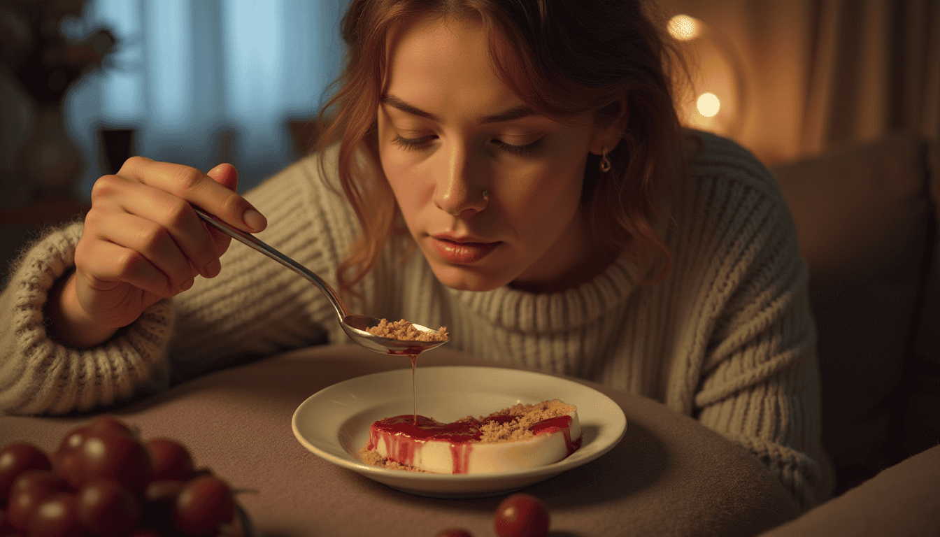 Ung kvinne spiser kake i en varm, koselig stue med dempet belysning.