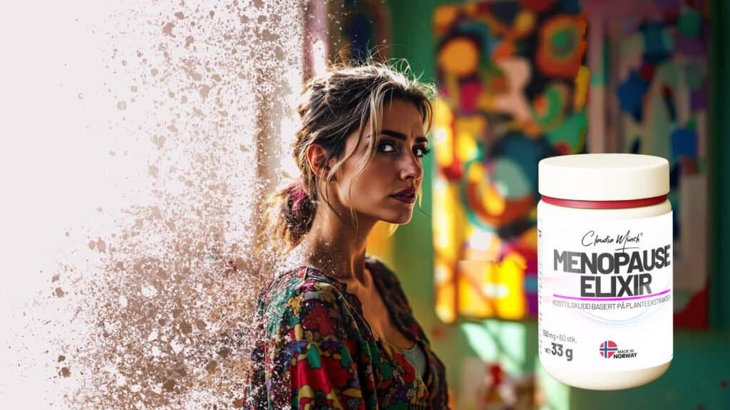 Kvinne holder Menopause Elixir-flaske, fokus på helse og velvære for kvinner i overgangsalderen.
