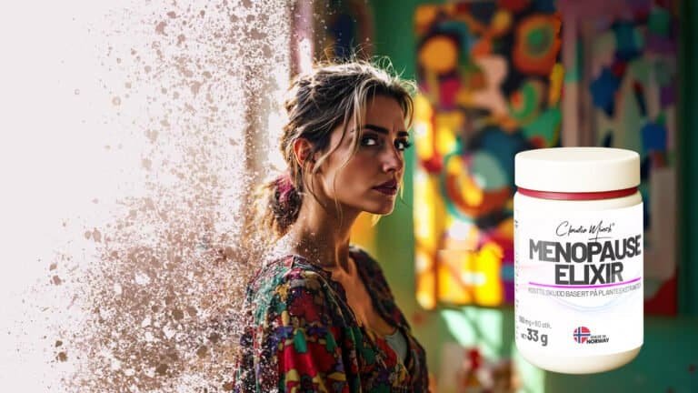Kvinne holder Menopause Elixir-flaske, fokus på helse og velvære for kvinner i overgangsalderen.