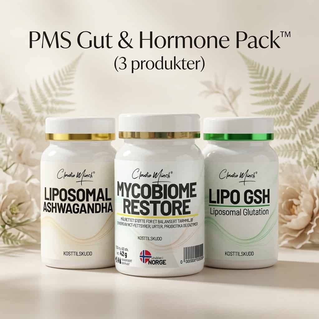 Tre kosttilskudd i hvite beholdere med gull, sølv og grønn lokk, merket for fordøyelse og hormone.