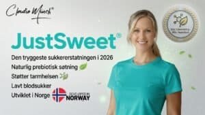 Claudia Münch smilende med JustSweet sukkererstatning i bakgrunnen.