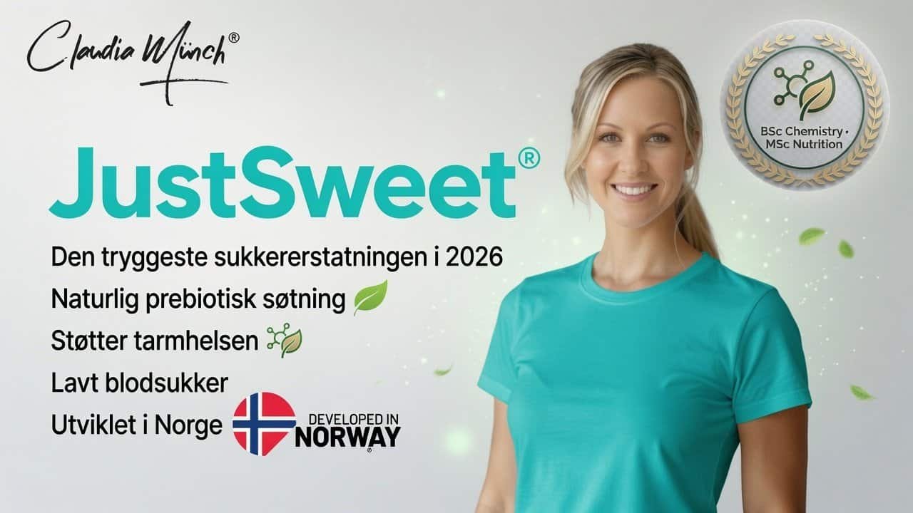 Claudia M&uuml;nch smilende med JustSweet sukkererstatning i bakgrunnen.