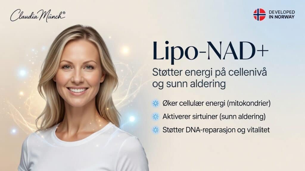 Smilende kvinne med blondt hår i hvit topp, fremmer Lipo-NAD+ kosttilskudd for energi og aldringsstø.