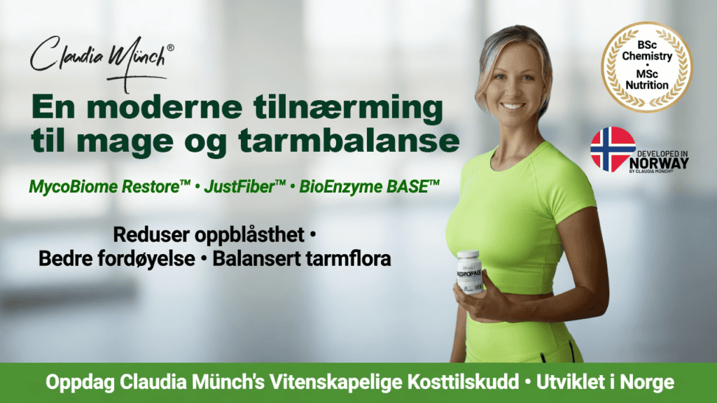 Claudia Münch med kosttilskudd for mage- og tarmhelse.