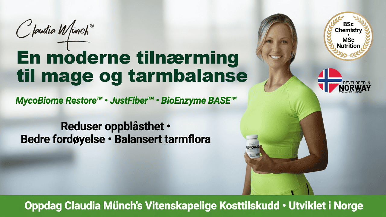 Claudia M&uuml;nch med kosttilskudd for mage- og tarmhelse.