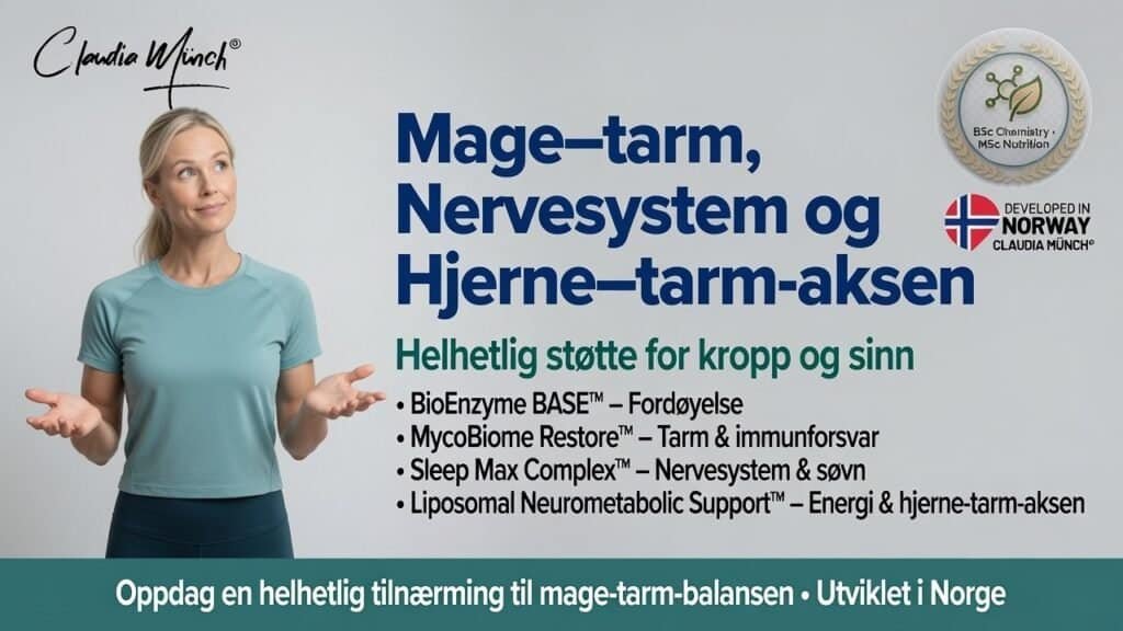 Kvinne peker mot diagram om mage–tarm, nervesystem og hjerne–tarm-aksen.