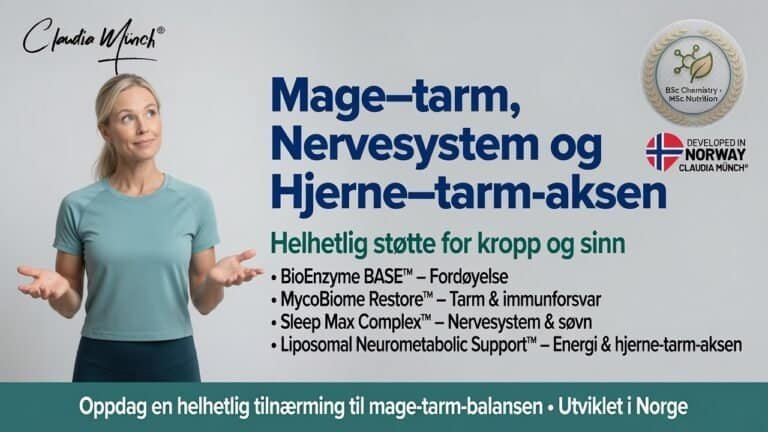Kvinne peker mot diagram om mage–tarm, nervesystem og hjerne–tarm-aksen.
