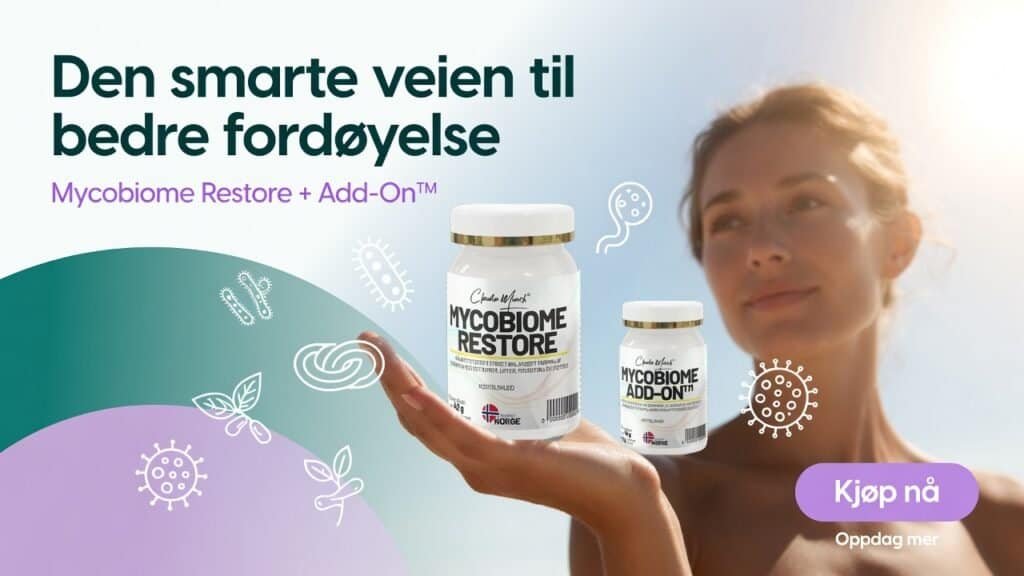 Kvinne holder MycoBiome Restore og Add-On, fokus på fordøyelse.
