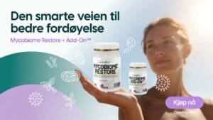 Kvinne holder MycoBiome Restore og Add-On, fokus på fordøyelse.
