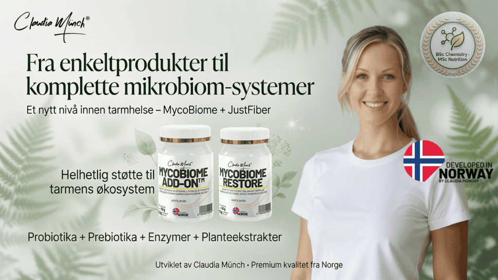 Naturlige mikrobiom-produkter for tarmhelse og fordøyelse, utviklet i Norge.