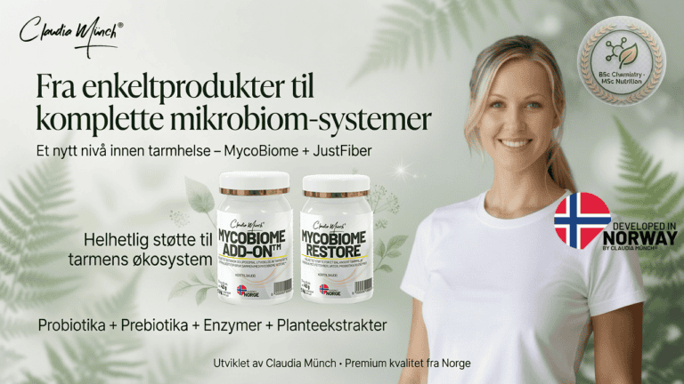 Naturlige mikrobiom-produkter for tarmhelse og fordøyelse, utviklet i Norge.