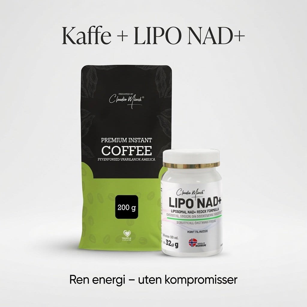 Kaffe og Lipo NAD+ kosttilskudd for &oslash;kt energi og velv&aelig;re, naturlig energiboost.