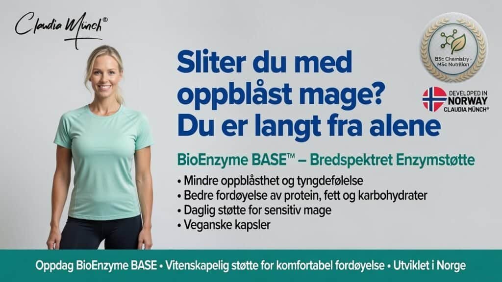 Claudia Münch smilende kvinne med grønn t-skjorte foran informasjonsplakat om oppblåst mage.
