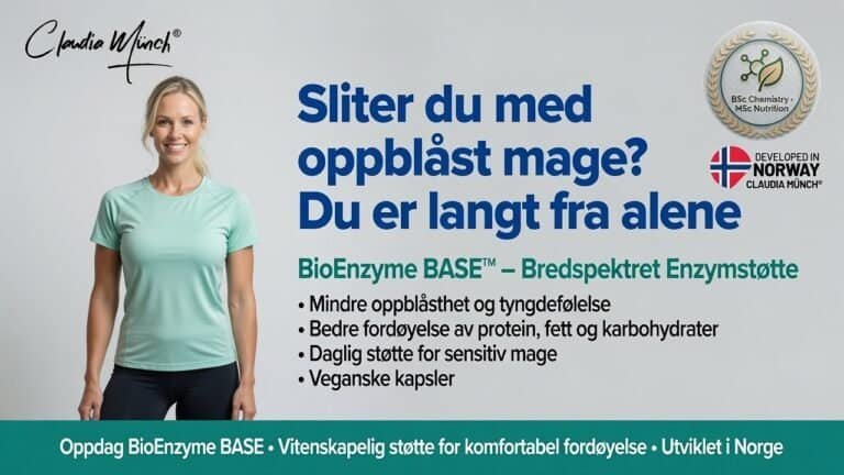 Claudia Münch smilende kvinne med grønn t-skjorte foran informasjonsplakat om oppblåst mage.