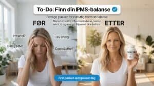 Kvinnelig medisinert kvinne med hodepine, illustrasjon av hormonbalanse og PMS-håndtering.