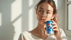 Ung kvinne med Pepsi-drikke i sollys, naturlig portrett.