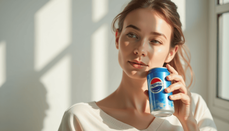 Ung kvinne med Pepsi-drikke i sollys, naturlig portrett.