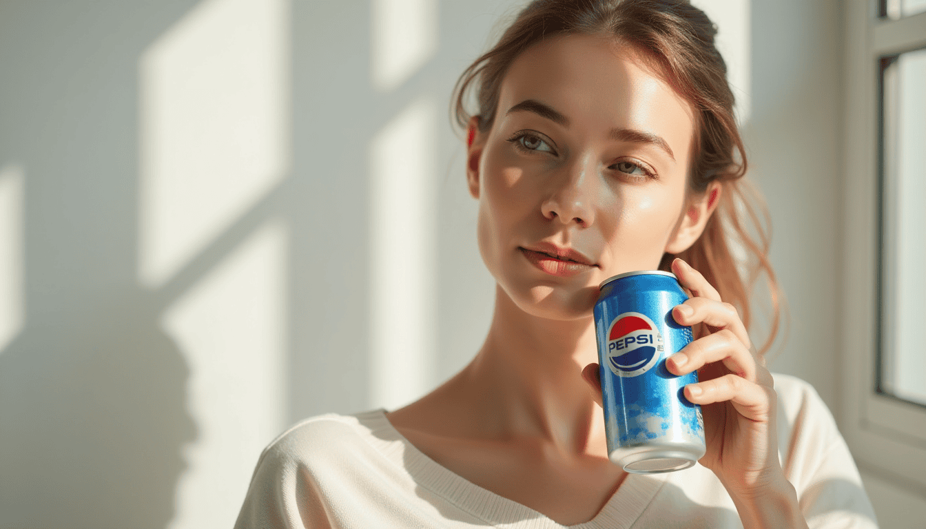Ung kvinne med Pepsi-drikke i sollys, naturlig portrett.