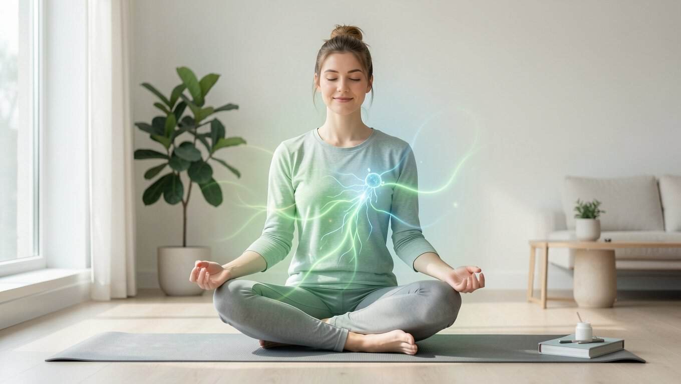 Kvinne meditasjon og energihealing i yoga-posisjon, avslappet og fokusert.