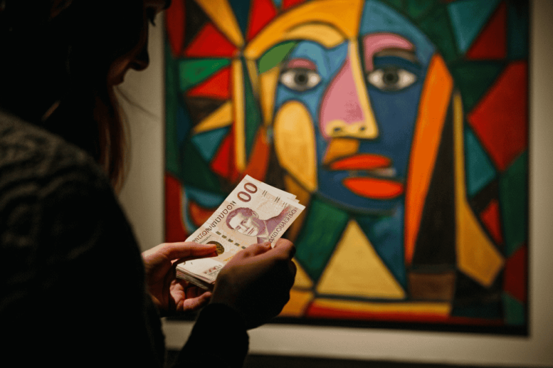 Kunstner holder penger foran et fargerikt, abstrakt maleri av et ansikt.